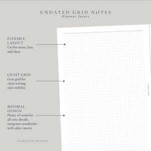 Puede incluir: Una hoja de notas con cuadrícula sin fecha para agenda, con fondo blanco y patrón de cuadrícula gris claro. El texto incluye 'UNDATED GRID NOTES', 'Planner Insert' y 'FAMILY IN FRANCE'. Etiquetas describen el diseño flexible.