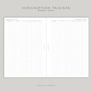 Suivi des abonnements - Insertion imprimable pour agenda | Formats A5, demi-lettre et personnel (PDF) | Téléchargement numérique