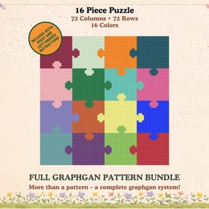 May include: A 16-piece puzzle graphgan pattern bundle featuring a grid of 72 columns and 72 rows in 16 colours. The design displays interlocking puzzle pieces in shades of maroon, cream, orange, teal, pink, green, light blue, purple, yellow, blue, and red.