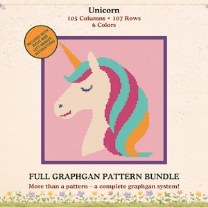 Puede incluir: Un patrón de graphgan digital que muestra una cabeza de unicornio sobre un fondo rosa, con crines de color turquesa y magenta y un cuerno naranja. El texto incluye Unicorn, 105 Columns, 107 Rows, 6 Colors, Includes both right and left-handed instructions, Full Graphgan Pattern Bundle.