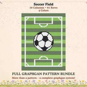 Pode incluir: Ilustração digital de um campo de futebol com uma bola no centro. A imagem inclui o texto "Soccer Field", "70 Colunas 91 Linhas", "4 Cores" e "FULL GRAPHGAN PATTERN BUNDLE". O fundo é bege claro.