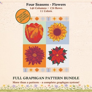 Op de afbeelding: Een volledig graphgan patroonpakket met vier bloemontwerpen: een tulp, zonnebloem, dahlia en poinsettia. Het patroon bevat 140 kolommen, 170 rijen en 11 kleuren. Inclusief instructies voor zowel rechts- als linkshandigen.