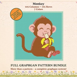 May include: A digital graphgan pattern bundle featuring a smiling brown monkey eating a yellow banana. The monkey is set against a teal background. The image includes the text "Monkey", "105 Columns • 105 Rows", "7 Colors", and "FULL GRAPHGAN PATTERN BUNDLE".