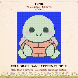 May include: A pixelated turtle design in shades of green, pink, and blue, set against a blue background. The image includes the text "Turtle," "70 Columns • 82 Rows," "5 Colors," and "FULL GRAPHGAN PATTERN BUNDLE."