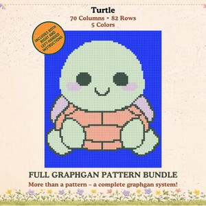 May include: A digital pattern for a turtle graphgan, featuring a cute turtle design in shades of green, pink, and brown on a blue background. The image includes the text "Turtle" and "Full Graphgan Pattern Bundle". Includes both right and left-handed instructions.