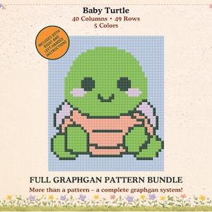 May include: A cross-stitch pattern featuring a green baby turtle with a light pink belly and white accents. The design is set against a light blue background. The text reads "Baby Turtle" and "Full Graphgan Pattern Bundle".