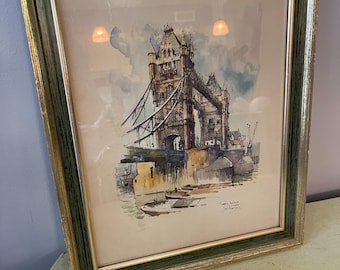 Vintage Jan Korthals Tower Bridge Aquarellmalerei, gerahmt 12X16 Reproduktion