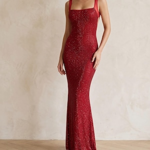 Abito da sera rosso scintillante | Abito lungo con paillettes e schiena scoperta | Abito glamour per invitata a un matrimonio | Elegante abito da festa formale