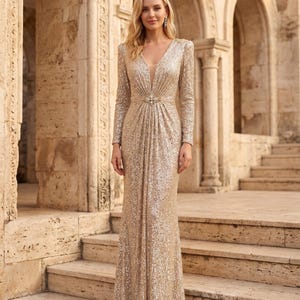 gold dress flowy Metallic Gold Pleated Gown 43883