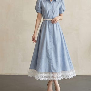 Cottagecore Blue Midi Dress | Vintage Puff Sleeve Shirt Dress | Romantic Lace Hem Sundress | Elegant A-Line Garden Party Outfit