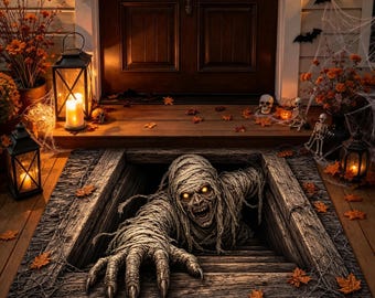 3D Optical Illusion Mummy Doormat, Spooky Haunted Stairwell Floor Mat, Scary Halloween Front Porch Decor, Creepy Mummy Outdoor Rug