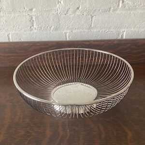 Vintage Raimond Silverplate Wire Basket, Made in Italy Mid Century Fruit Bowl, 10 Inch Round Modernist Silver Bread Server, MCM Centerpiece