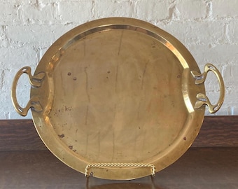 Vintage Brass Serving Tray Round Art Nouveau Drink Platter Vanity Dresser Top Decor Antique Centerpiece with Handles Large 15 Inch