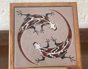 Vintage Arius Santa Fe Art Tile, Two Lizards Design, Hand Painted Signed Tongier, Southwestern Folk Art Pottery, Ceramic Trivet Wall Decor