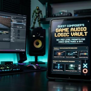Puede incluir: Un espacio de trabajo digital con un monitor de ordenador que muestra una interfaz de desarrollo de juegos, una tableta con el texto "GAME AUDIO LOGIC VAULT", altavoces y un teclado. La tableta muestra indicaciones para música y SFX de videojuegos.
