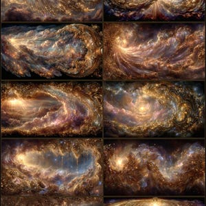 May include: A collection of ten premium desktop wallpapers titled "Cosmic Baroque" in Ultra HD. The images feature swirling, cloud-like formations in shades of gold, brown, and blue, with bright light emanating from the center of each design.