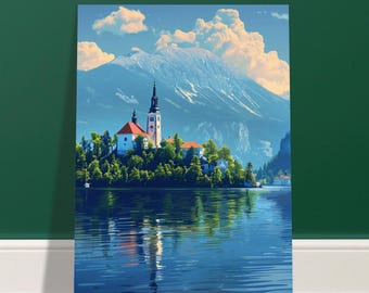 Affiche représentant une église de l'île du lac de Bled, un paysage de montagne alpine et une décoration paisible inspirée par la nature.
