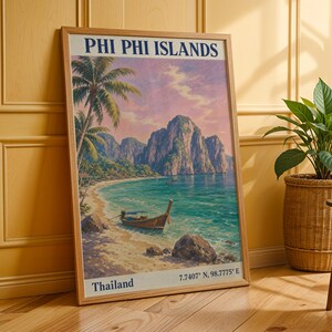 Phi Phi-öarna-poster - Gouache-stil Modern, turkosa och korallrosa toner