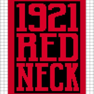 May include: A rectangular design with the text "1921 RED NECK" in bold, red letters on a black background. The design is framed by a thick red border, creating a striking contrast.