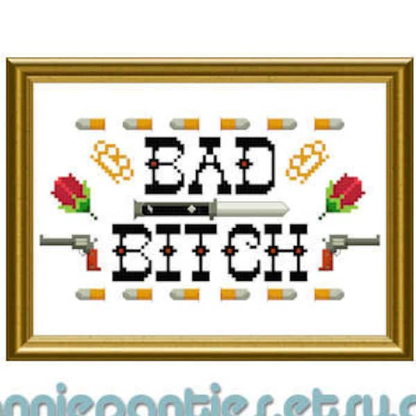 PDF Counted Cross Stitch Pattern - Bad Bitch with Revolvers Switchblade Brass Knuckles Roses Bullets 5in x 7in - Handmade Supply Crafter YES