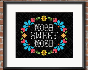 PDF Counted Cross Stitch Pattern Mosh Sweet Mosh floral border 8x10 14ct Crafty Decor Artsy Gift Handmade Handcrafted DIY Metal Rock Music