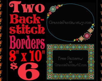 PDF Counted Cross Stitch PATTERNS Two Back-stitch Colorful Borders 8in X 10in Delicate Folk Art Embroidery Handcrafted Crafter Decor Gift