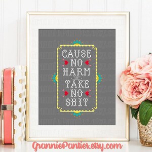 PDF PATTERN ONLY Cause no harm but take no sht counted cross stitch sampler 8x10 image 2