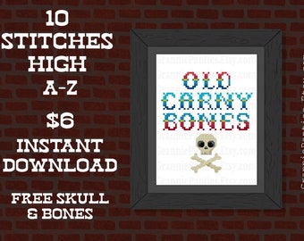 PDF Counted Cross Stitch PATTERN Old Carny Bones Stitched Alphabet A to Z 10 stitches high FREE Skull and Crossbones pattern