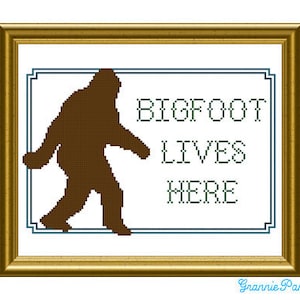 Bigfoot lives here PDF counted cross stitch sampler pattern 8X10