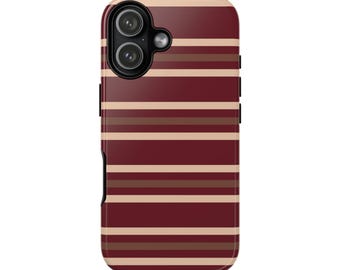 Maroon Cream Brown Striped Phone Case, Dual Layer Protection, Wireless Charging (iPhone)
