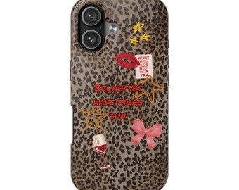Brunette Leopard Phone Case, Pink Bow, Y2K Style, Impact-Resistant Cover