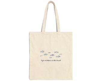 100% Cotton Beach Tote Bag, Coastal Fish Design, Summer Shopping Bag