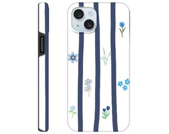 Blue Floral Phone Case, Coastal Stripes, Bella Design (Double-Layer Protection)