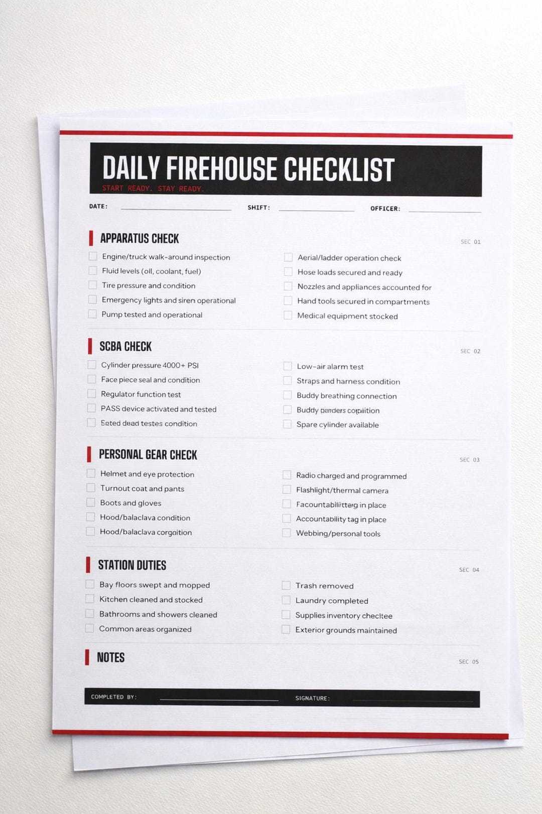 Firefighter Rope Checklist Firefighter Daily Checklist | Firehouse Shift Checklist Printable ...