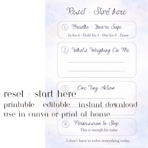 Könnte beinhalten: Ein digitales Wellness-Arbeitsblatt mit hellviolettem Aquarellhintergrund und Sternen. Der Text lautet: Reset - Start here, 1. Breathe - You're Safe, 2. What's Weighing On Me, 3. One Tiny Action, 4. Permission to Stop, und I don't have to solve everything today.