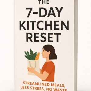 May include: A book titled "THE 7-DAY KITCHEN RESET" with a woman holding a grocery bag with vegetables and bread. The book cover has the text "STREAMLINED MEALS, LESS STRESS, NO WASTE". The book is white with black text and an illustration.