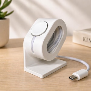 Könnte beinhalten: Ein weißer Apple Watch-Ladeständer mit geschwungenem Design. Der Ständer hat ein kreisförmiges Ladepad und einen Schlitz zur Aufnahme des Ladekabels. Das Kabel ist weiß und hat einen USB-C-Anschluss. Der Ständer steht auf einer Holzoberfläche.