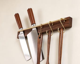 Solid Walnut Knife Rack, Wall Mounted Knife Holder with Brass Rail, Knives Block, Kitchen Storage
