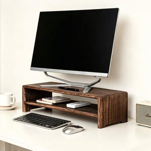 May include: A dark brown wooden monitor stand with a smooth, curved design and a horizontal shelf underneath. The stand features a natural wood grain texture and provides an elevated platform for a computer monitor, keyboard, and mouse.
