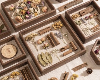 Marco tipo caja de nogal macizo, ensamblaje de espiga y mortaja, vitrina para flores secas.
