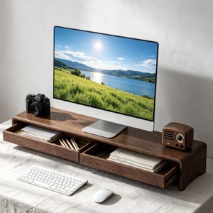 Peut inclure: Un support d'écran en bois foncé doté de deux tiroirs coulissants intégrés. Le support soutient un écran d'ordinateur affichant un paysage, un appareil photo noir et une petite radio en bois. Un clavier et une souris blancs sont placés devant.
