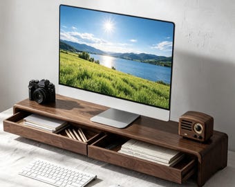 Supporto per monitor in noce massello, organizer da scrivania in ciliegio, cassetto, scomparto per telefono, rialzo per laptop.