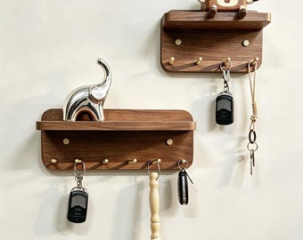 Solid Walnut Brass Magnetic Key Holder Shelf, Entryway Organizer, Wall Mounted Key Rack