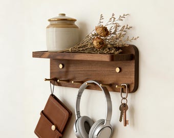 Walnut Brass Magnetic Key Holder Shelf | Minimalist Entryway Organizer