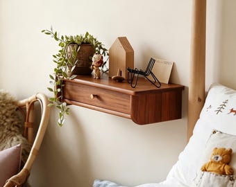Floating Nightstand with Drawer,Solid Teak Wood Bedside Table,Mid Century Wall Mounted Shelf,Space-Saving Storage Organizer for Bedroom