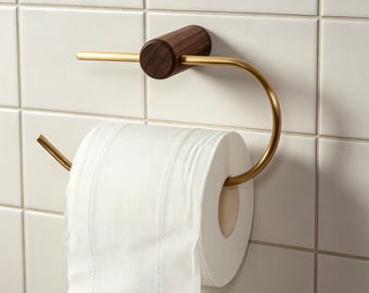 Bathroom Organizer,Minimalist Toilet Paper Holder,Solid Walnut Beech Wood Tissue Holder with Brass Handle,Wall-Mounted Roll Storage