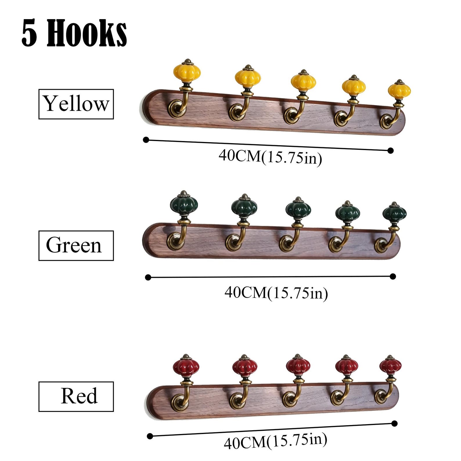 Handmade Walnut Coat Rack, Mid-Century Porcelain Hooks, Entryway Organizer - 5 Hooks-Green