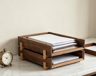 Solid Walnut Cherry Wood Desk Organizer, Minimalist Office File Holder Tray