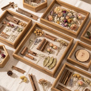 May include: A collection of square and hexagonal wooden shadow box frames containing arrangements of dried flowers, cinnamon sticks, bay leaves, and wood slices. The frames are displayed on a light-colored fabric surface with loose botanical elements.