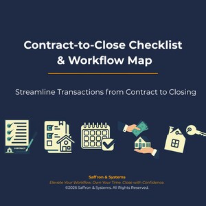 May include: A navy blue graphic with the text "Contract-to-Close Checklist & Workflow Map" and "Streamline Transactions from Contract to Closing." The image includes icons of a checklist, house, calendar, money, and keys.